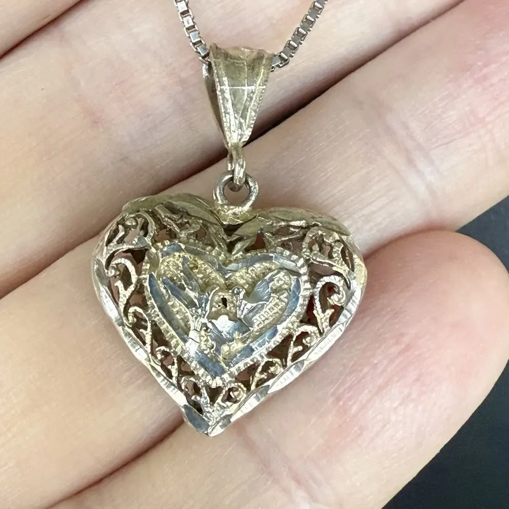 VTG STERLING SILVER 20” Chain Necklace DIAMOND CUT HEART PENDANT Filigree Birds